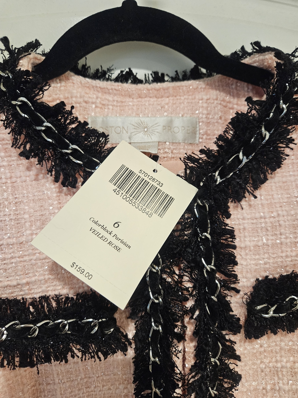 Boston Proper Pink Tweed Jacket with Black Fringe Trim #924 - Picture 4 of 8
